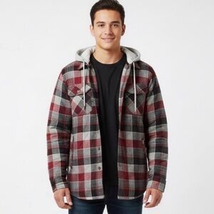 Wrangler Red Grey Black Plaid Quilted Hooded Flannel Lumberjack Shacket Small